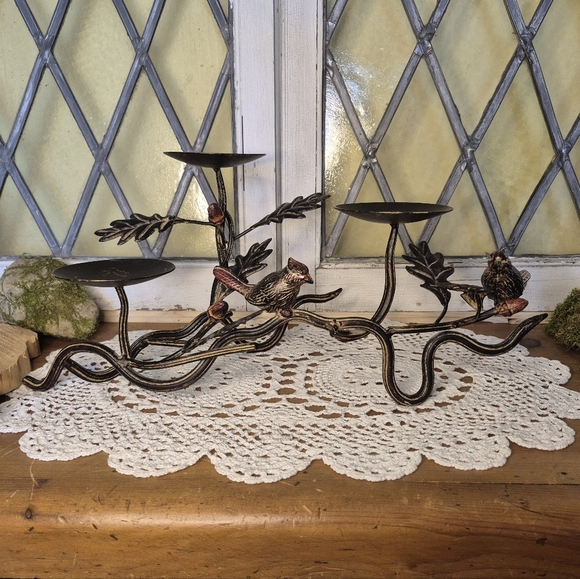 Iron 3 Pillar Candle Holder - Tree Branch Birds Oak Leaves Acorn - Picture 5 of 12
